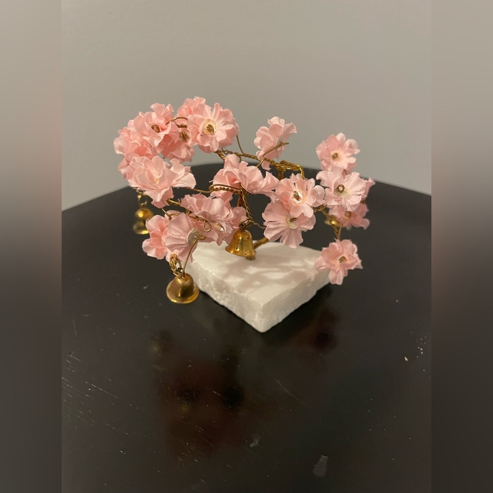 VTG Prosperity Tree Brass bells & light pink Fabric Flowers w/marble Base